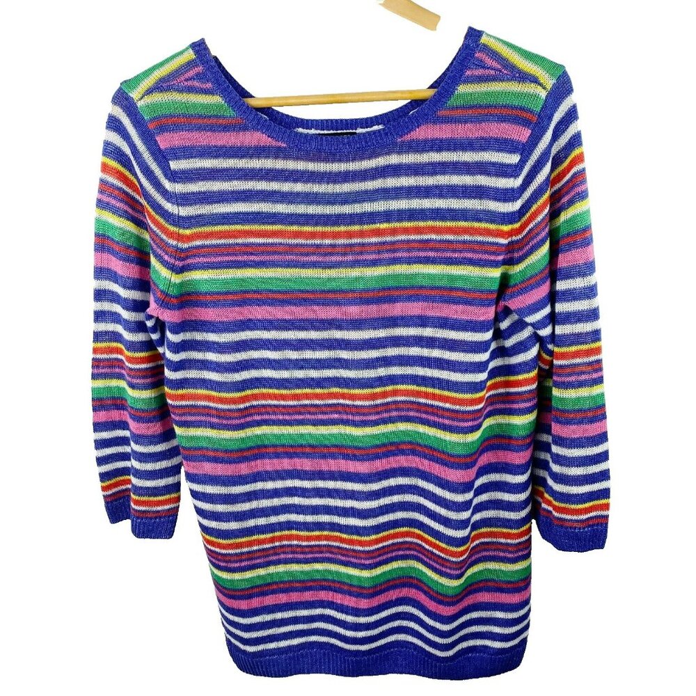 TALBOTS Sweater Size Large Petite 100% Linen Multicolor Striped 3/4 Sleeve Knit